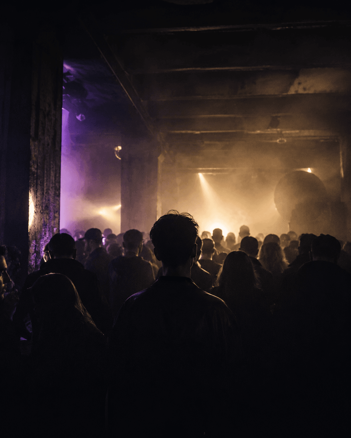 Dark underground private club crowd with silhouettes, purple haze, and golden backlight.